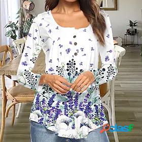 Womens T shirt Tee Tunic White Button Flowing tunic Floral