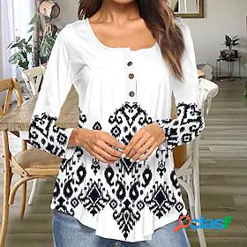 Womens T shirt Tee Tunic White Button Flowing tunic Graphic