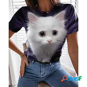 Womens T shirt Tee White Print Cat 3D Casual Weekend Short