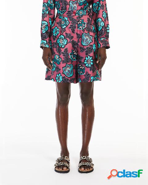Bermuda color prugna a fantasia foreale in twill di seta