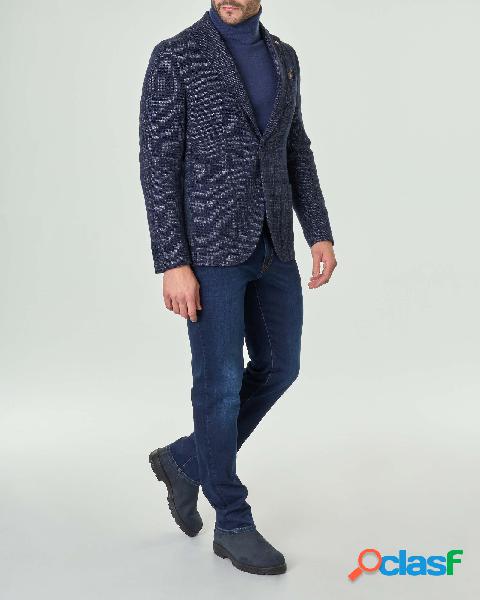 Blazer blu finestrato tono su tono in misto lana e cotone