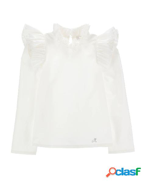 Blusa bianca in cotone a manica lunga con rouches sulle