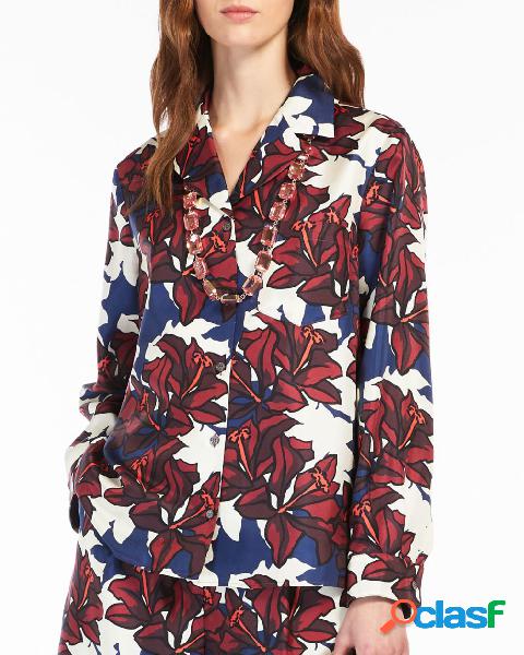 Camicia blu in twill di seta a fantasia floreale scollo a