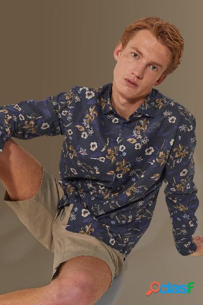 Camicia casual uomo collo francese misto lino con stampa