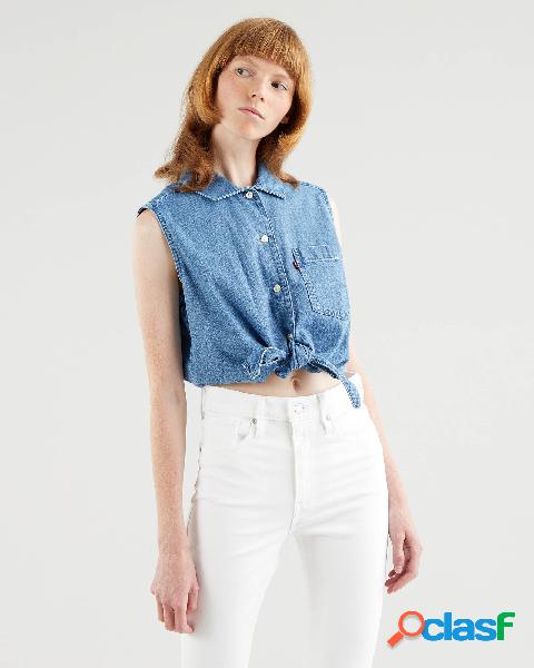 Camicia in denim blu super stone washed senza maniche e con