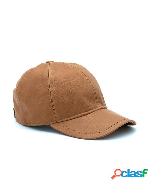 Cappello Baseball In Pelle Miele Unisex Berretto Strappo