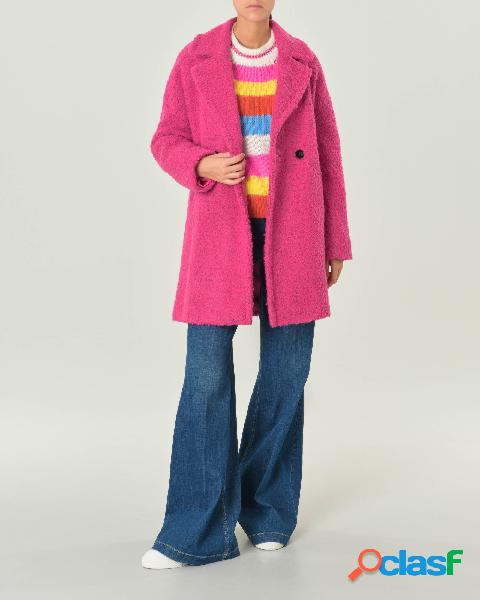 Cappotto a mezzopetto color fucsia in misto lana bouclé con