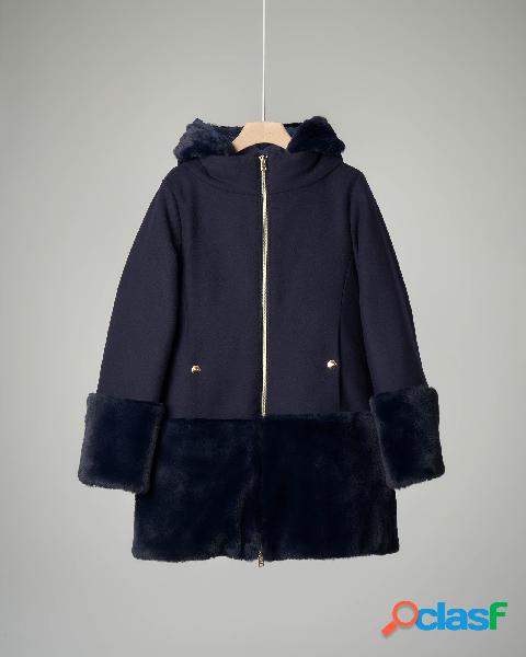 Cappotto blu bi-tessuto con inserti in pelliccia 10-14 anni