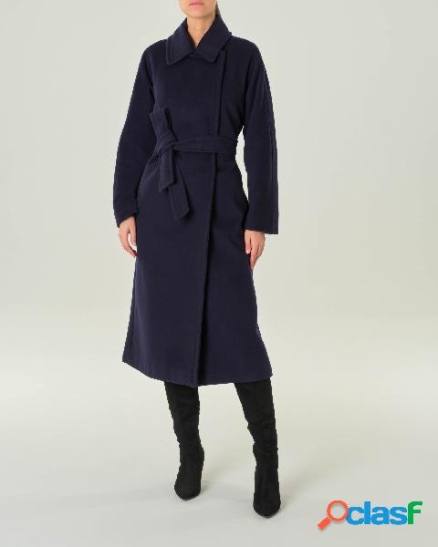 Cappotto lungo blu in velour di misto lana con scollo a