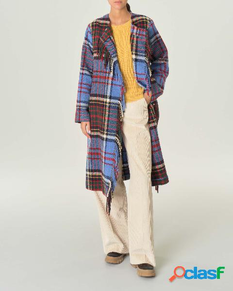 Cappotto lungo in pura lana color avio a fantasia check