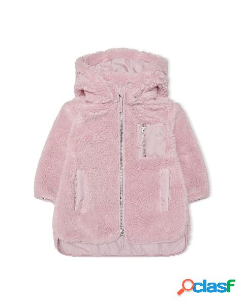 Cappotto rosa in tessuto teddy con inserti in nylon e