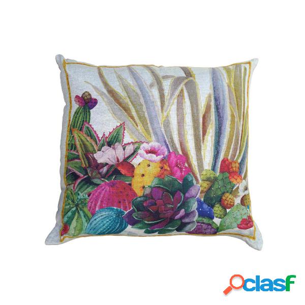 Cuscino beige in lino stampato a tema Kactus multicolore