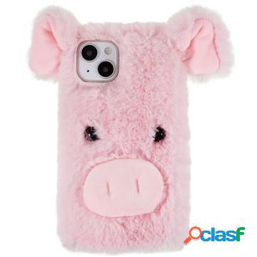 Custodia ibrida Fluffy Plush per iPhone 14 Pro - Maiale Rosa