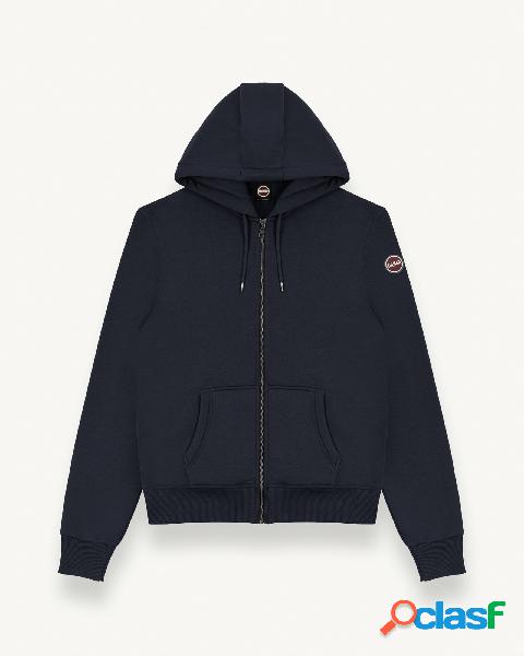 Felpa blu con cappuccio e chiusura zip con logo bollo