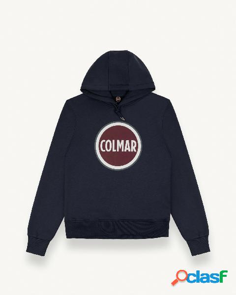 Felpa blu con cappuccio e stampa logo bollo frontale