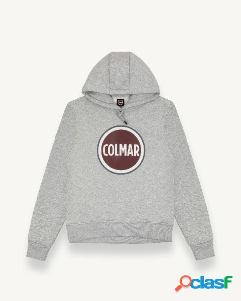 Felpa grigia con cappuccio e stampa logo bollo frontale