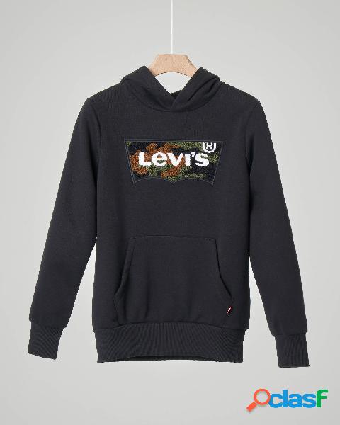 Felpa nera con cappuccio e tasca a marsupio con logo batwing