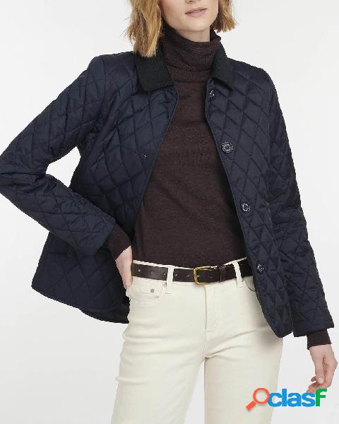 Giacca blu trapuntata con colletto a camicia in velluto a
