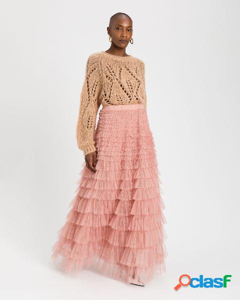 Gonna lunga rosa a balze con volant di tulle con balze