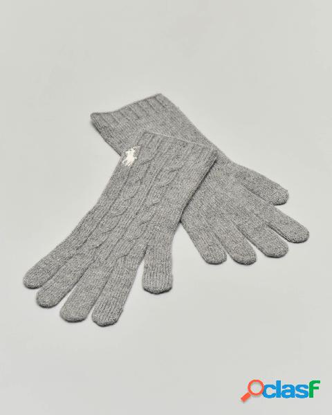 Guanti grigi in lana e cashmere a trecce con logo bianco