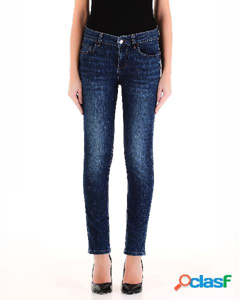 Jeans skinny a vita media blu in denim di cotone stretch
