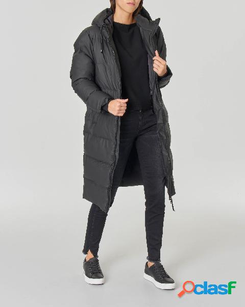 Long Puffer Jacket nero in tessuto opaco con cappuccio fisso