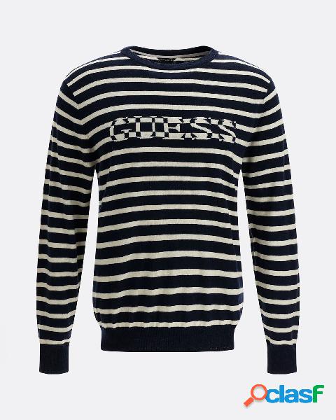 Maglia a righe blu e avorio girocollo in misto lana e seta