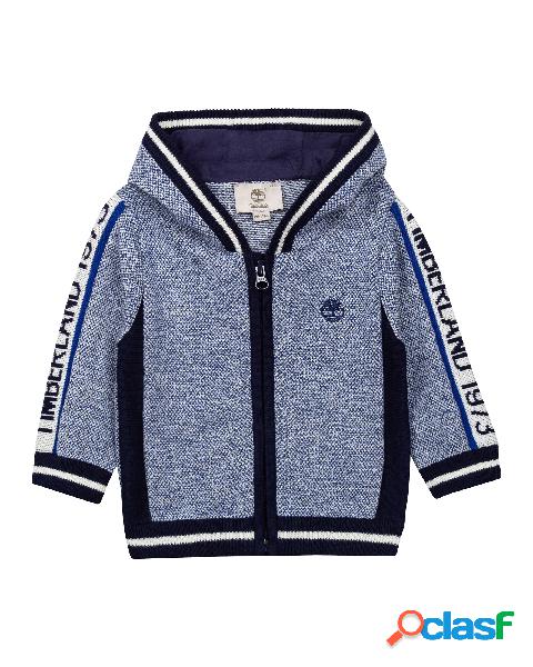 Maglia blu moulinè con cappuccio e chiusura zip con bande