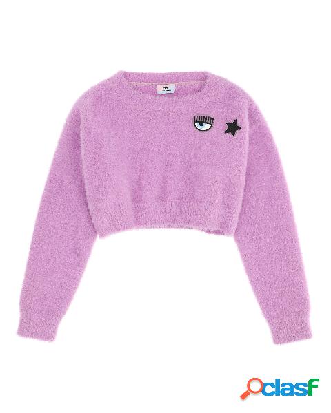 Maglia cropped lilla in tessuto effetto peluche con logo