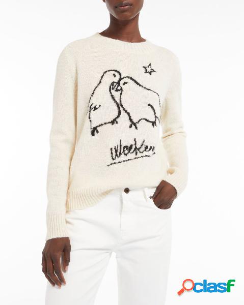 Maglia girocollo avorio in alpaca e lana con colombe a
