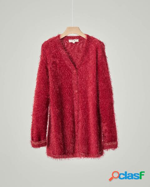 Maxi cardigan color rubino in tessuto effetto mohair con