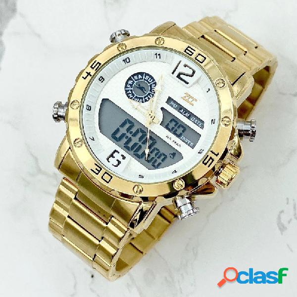 OROLOGIO POLSO ZCC UOMO ACCIAIO DUAL TIME DATA ALLARME