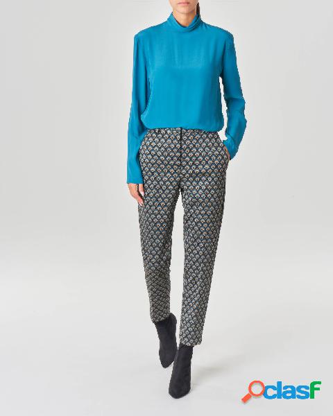 Pantaloni slim neri oro e ottanio in jersey punto milano a