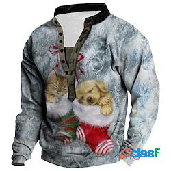 Per uomo Felpa Maglione Blu Colletto Mao Animali Gatto