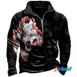 Per uomo Felpa con zip Maglione Nero mezza cerniera Animali