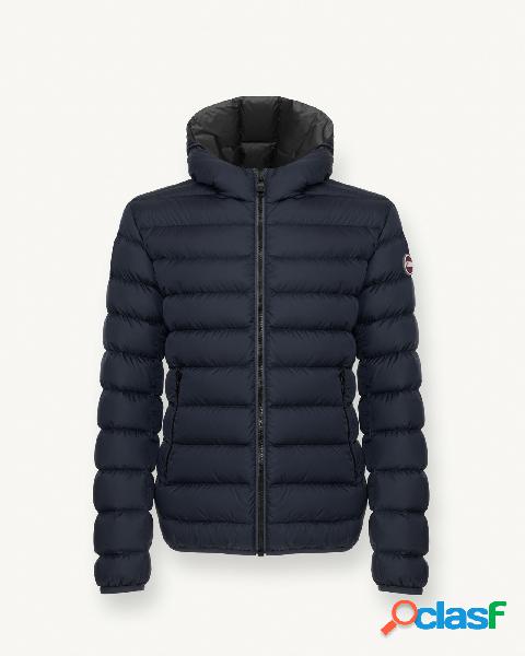 Piumino blu navy con cappuccio in nylon semilucido con