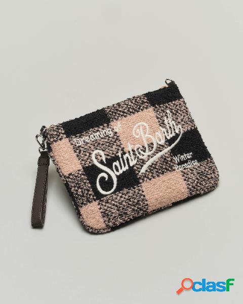 Pochette a fantasia check beige e nera in tessuto tricot con