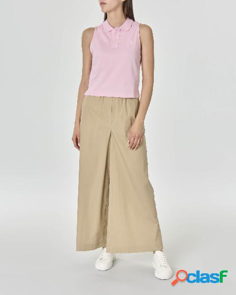 Polo cropped rosa in piquè di cotone senza maniche con logo