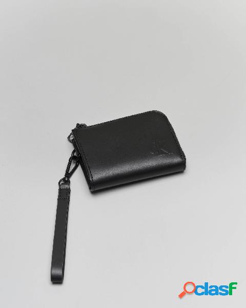 Portafoglio nero in pelle con apertura zip e logo monogramma