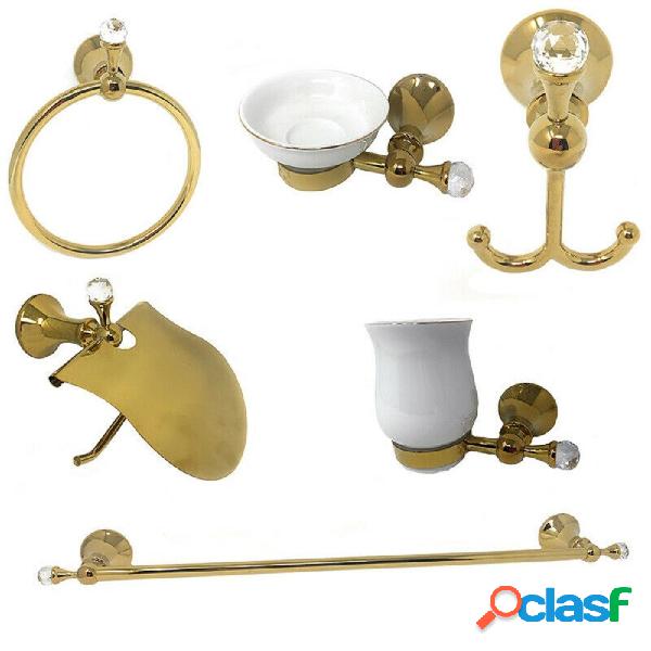 SET 6 ACCESSORI DA BAGNO IN ACCIAIO ORO E CERAMICA CRISTALLI