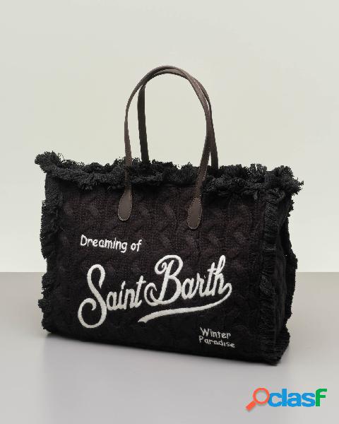 Shopping bag nera in tessuto effetto lana a trecce con