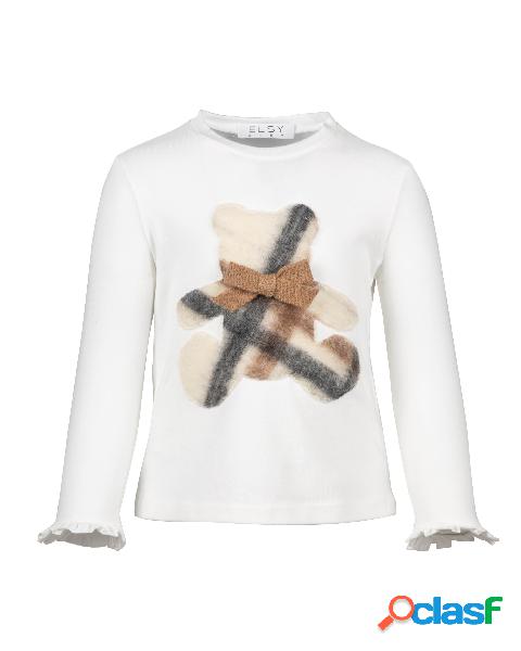 T-shirt bianca manica lunga con orsetto in pelliccia e