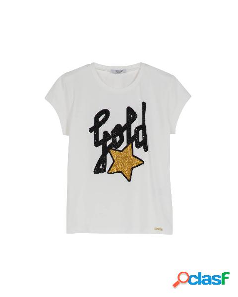 T-shirt bianca mezza manica con scritta Gold e stella con