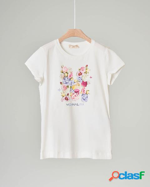 T-shirt bianca mezza manica con stampa floreale e logo
