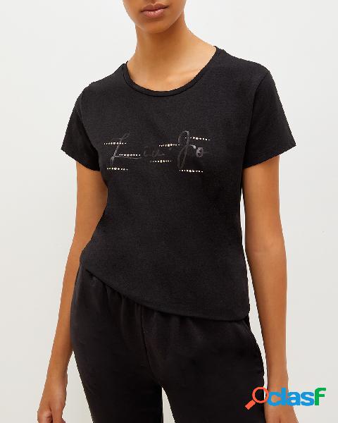 T-shirt nera in cotone stretch con stampa logo in tono e