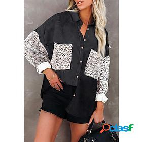 Womens Blouse Shirt Green Black Blue Patchwork Print Leopard