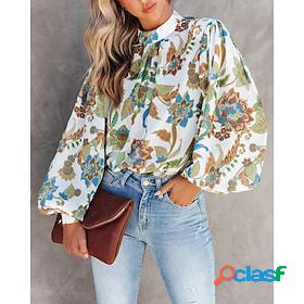 Womens Blouse Shirt Green Print Leaf Floral Work Holiday