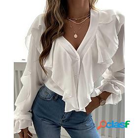 Womens Blouse Shirt White Black Ruffle Button Plain Daily