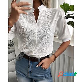 Womens Blouse Shirt White Cut Out Floral Plain Casual Half