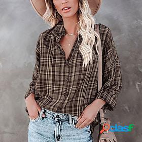 Womens Blouse Shirt Yellow Gray Print Plaid Casual Long